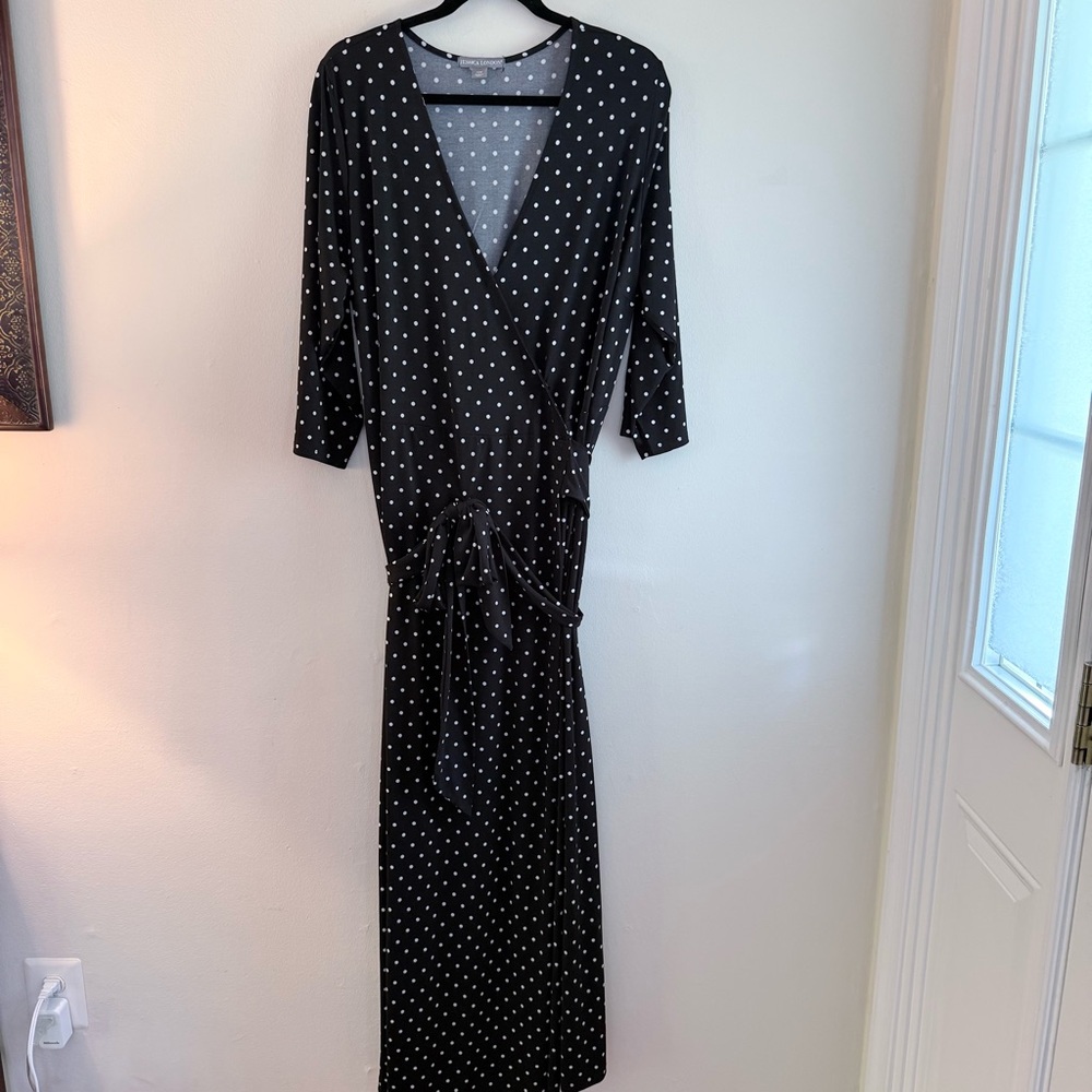 Jessica London Black and White Polka Dot Wrap Maxi Dress